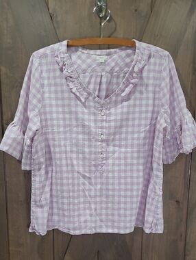 Light Purple Gingham Cotton Ruffle V-Neck Henley  Women's Top M